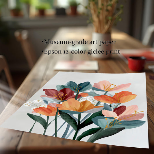 Close-up of an art print of the abstract floral design on a wooden table, highlighting the print quality features: Museum-grade art paper and Epson 12-color giclee print.