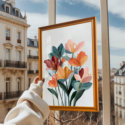 Hand holding a framed art print of the abstract floral design in a gold/orange frame in front of a window overlooking a European city streetscape.