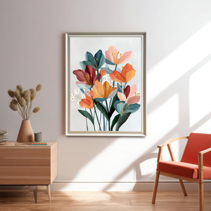 Large abstract floral art print in a silver/light gold frame without a mat/mount hanging on a light gray wall in a modern room with a wooden side table and a mid-century orange chair.