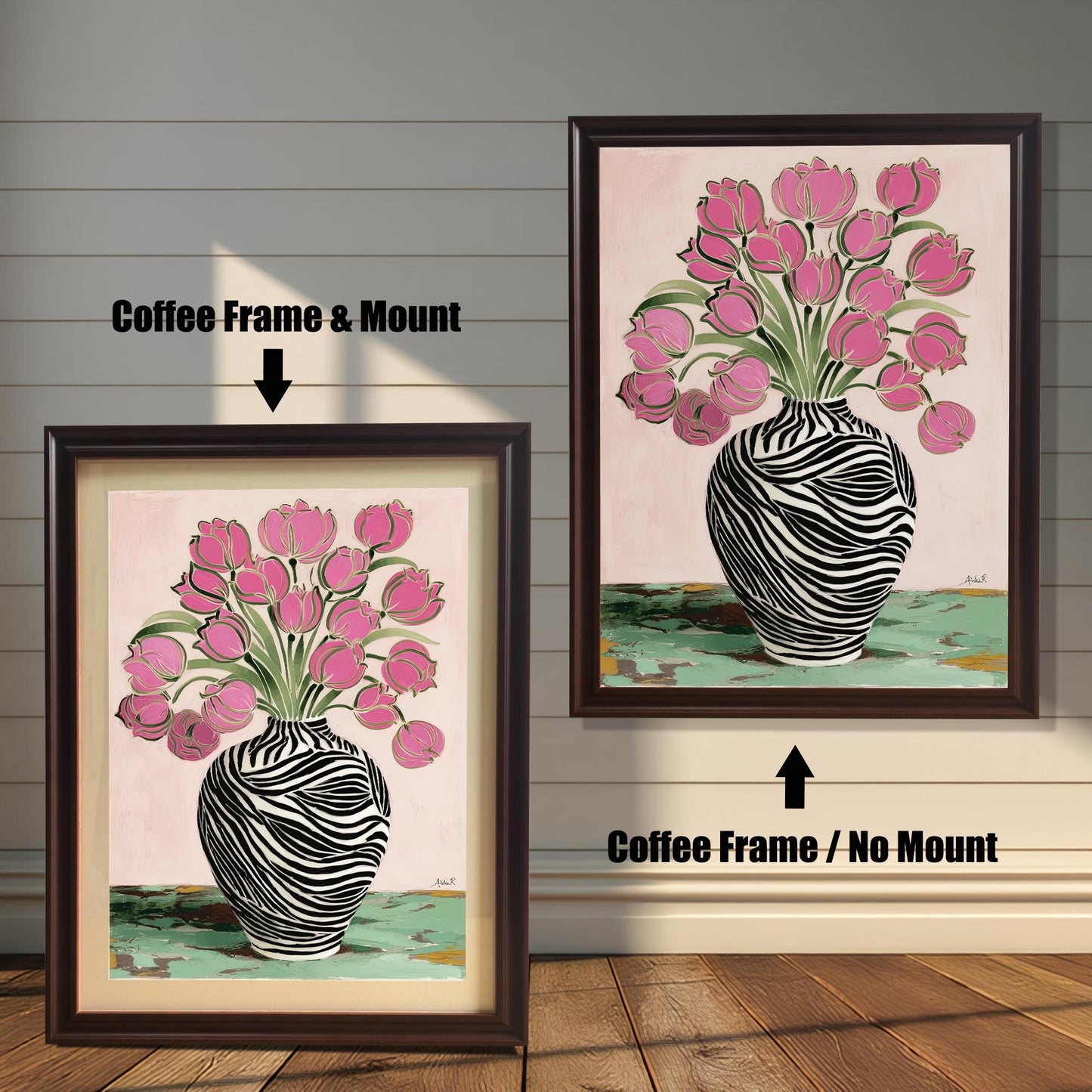 Zebra Vase and Pink Tulips art print shown in two coffee (dark brown) wood frames on a rustic wood panel wall. The left frame includes a mount/mat, and the right frame shows the print without a mount/mat.