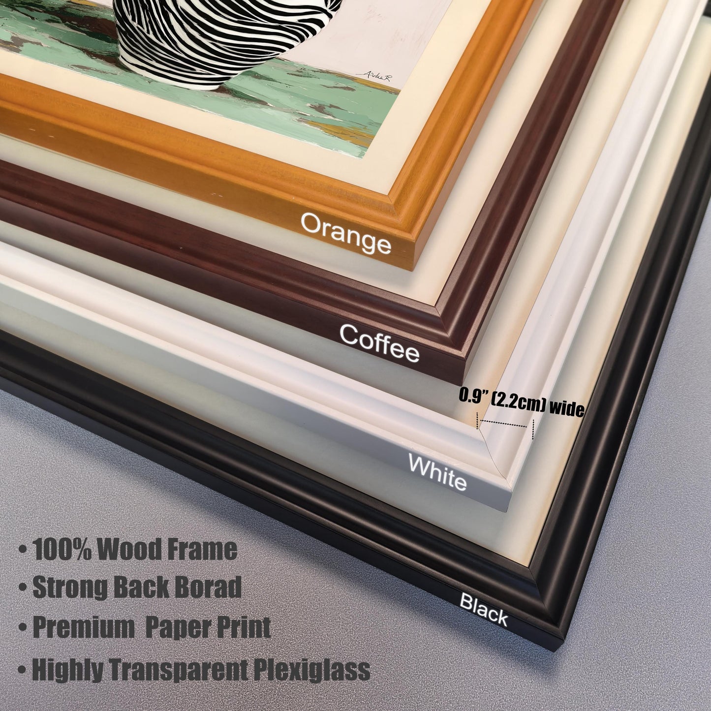 Close-up view of the four available wood frame colors: Orange, Coffee, White, and Black, highlighting the 0.9-inch (2.2cm) width and construction details like 100% Wood Frame and Highly Transparent Plexiglass.
