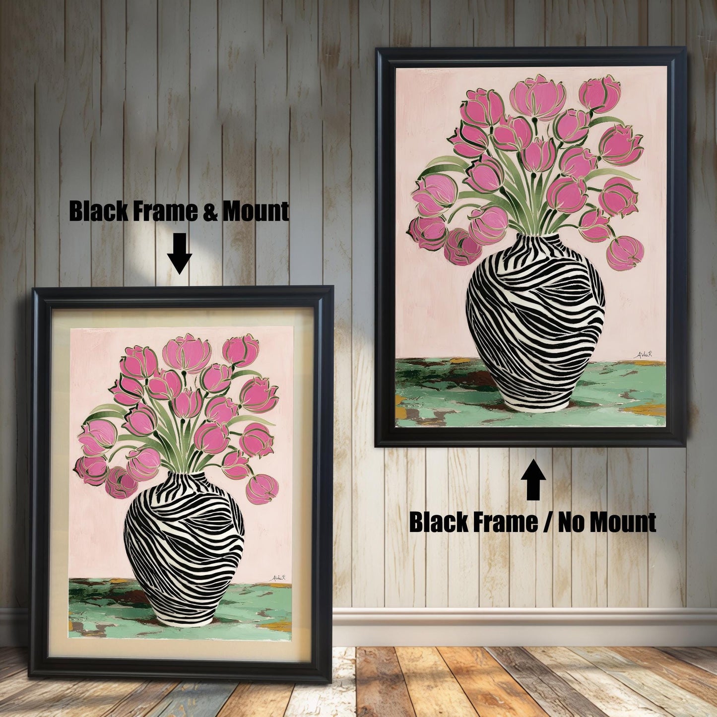 Zebra Vase and Pink Tulips art print shown in two black wood frames on a rustic wood panel wall. The left frame includes a mount/mat, and the right frame shows the print without a mount/mat.
