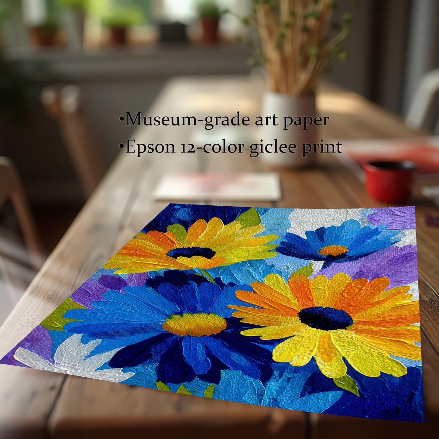 Close-up of the colorful abstract floral print on a wooden table, emphasizing the print quality: Museum-grade art paper and Epson 12-color giclee print.