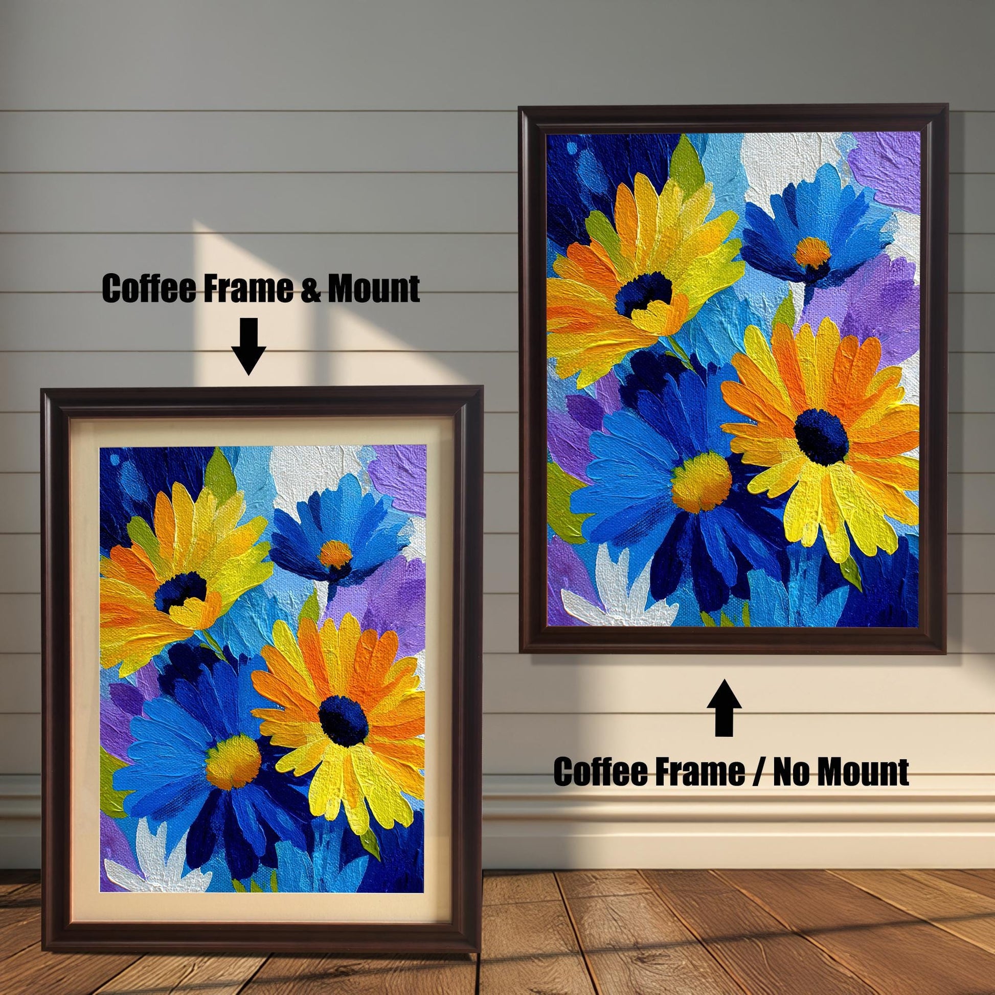 Abstract Blue and Yellow Daisy painting print in two coffee (dark brown) wood frames on a rustic wall. The left frame includes a mount/mat, and the right frame shows the print without a mount/mat.
