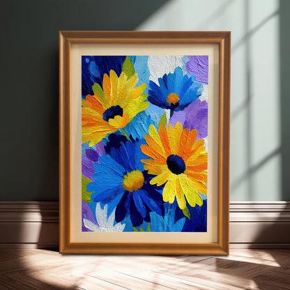 Framed print of an abstract blue and yellow flower painting with thick texture, shown in an orange/gold frame with a mat/mount leaning on the floor against a dark wall with sunlight and shadows.