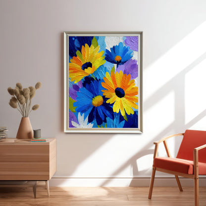 Large framed print of the vibrant blue, yellow, and orange floral artwork in a silver/light gold frame, hanging on a white wall in a modern room with a wooden side table and orange chair.