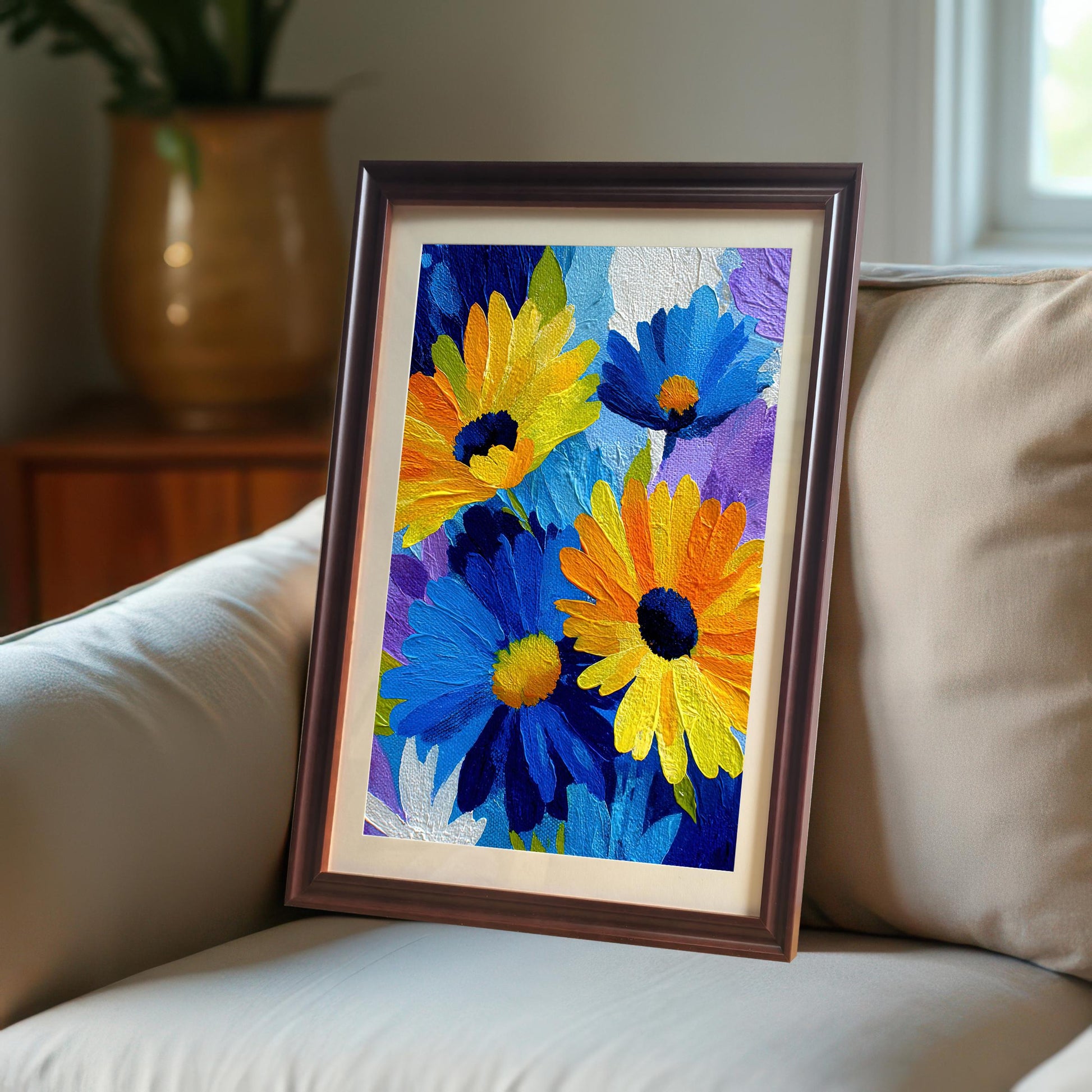 Framed print of the abstract oil painting of blue and yellow daisies in a coffee (dark brown) wood frame with a mat/mount, resting on a comfortable beige sofa in a cozy interior.