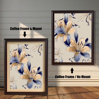 Modern framed print of Navy Blue and Peach/Gold Lilies on a beige background, shown in two coffee (dark brown) wood frames. The left frame includes a mount/mat, and the right frame shows the print without a mount/mat.