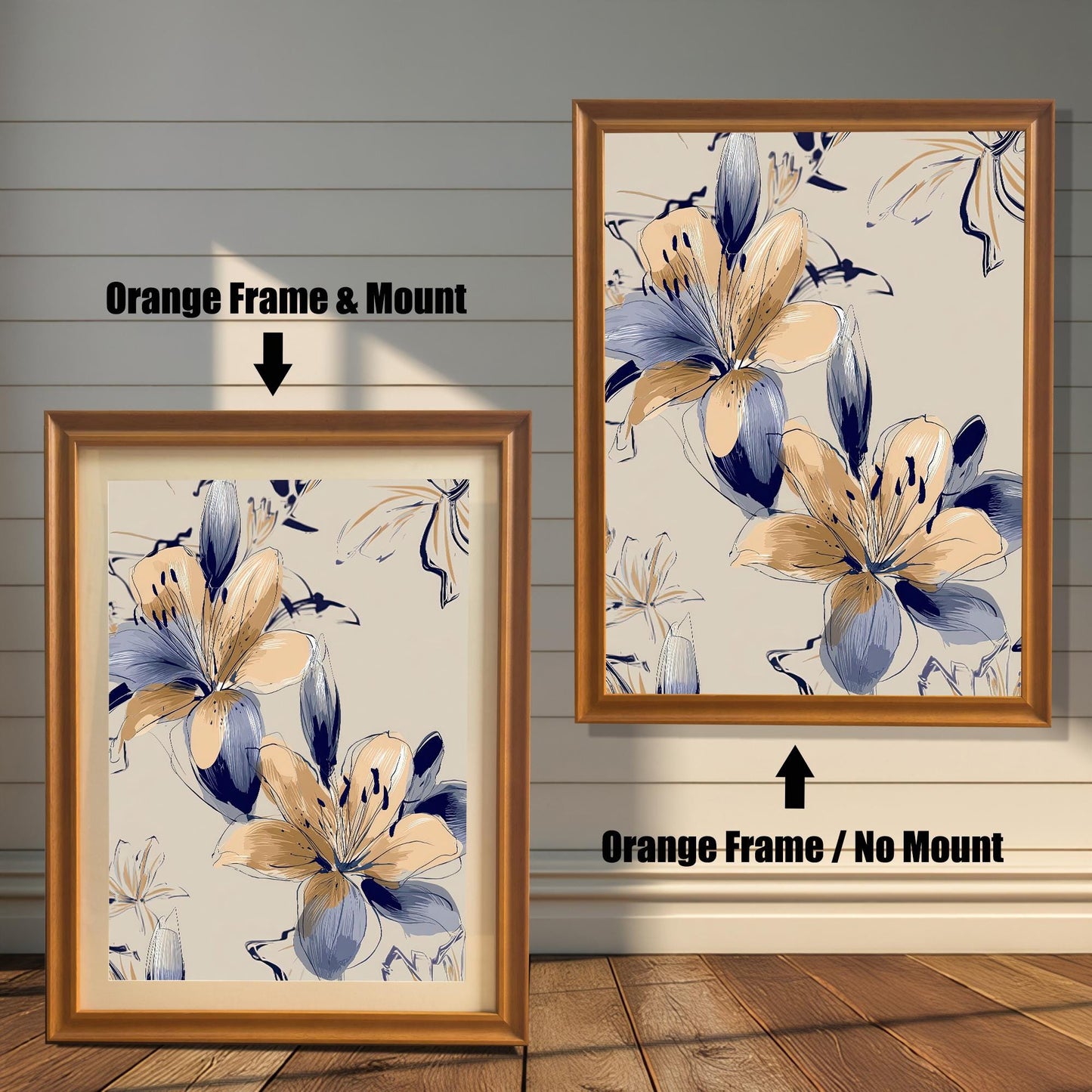 Modern framed print of Navy Blue and Peach/Gold Lilies on a beige background, shown in two orange wood frames. The left frame includes a mount/mat, and the right frame shows the print without a mount/mat.
