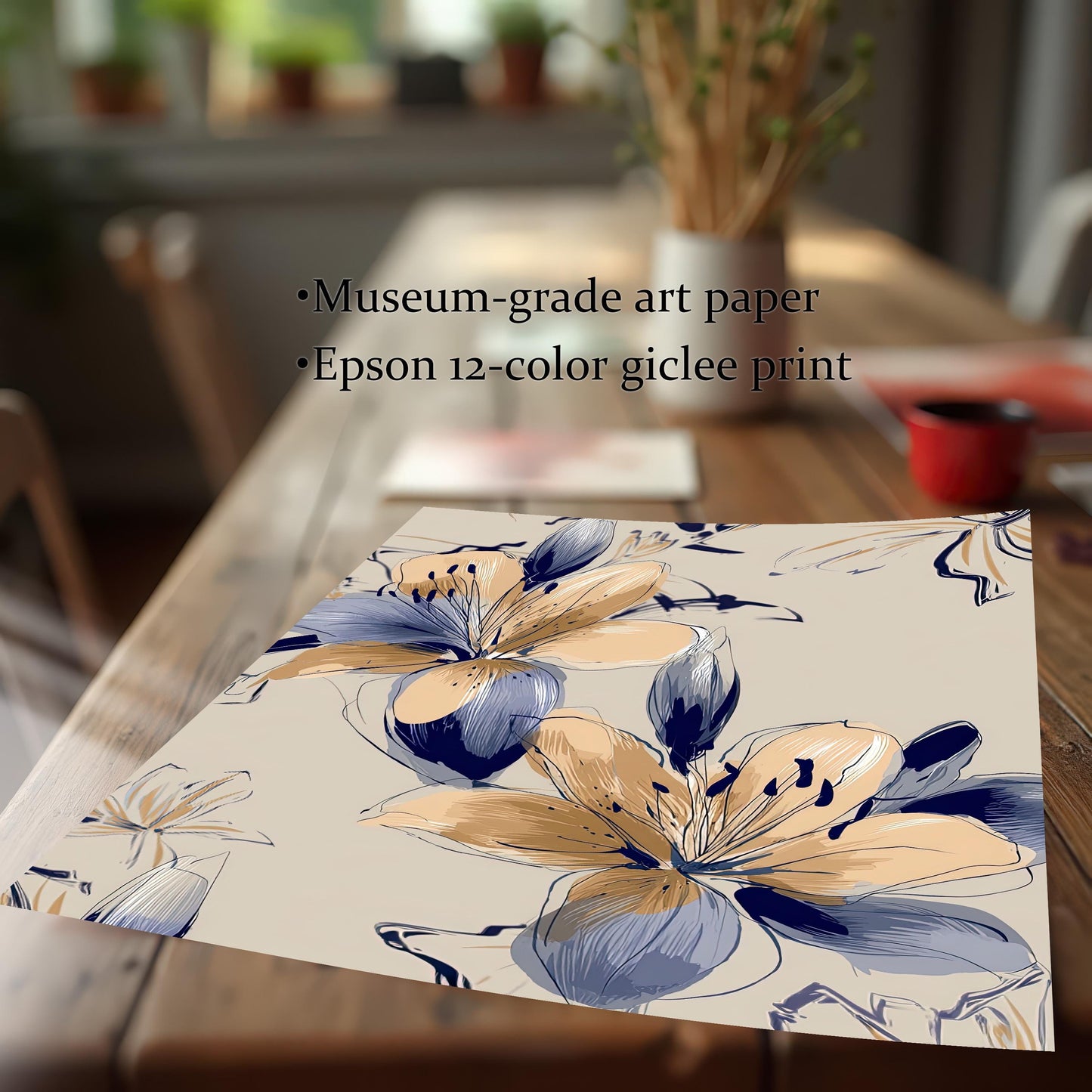 Close-up of the Navy and Beige Floral art print on a wooden table, emphasizing the print quality: Museum-grade art paper and Epson 12-color giclee print.