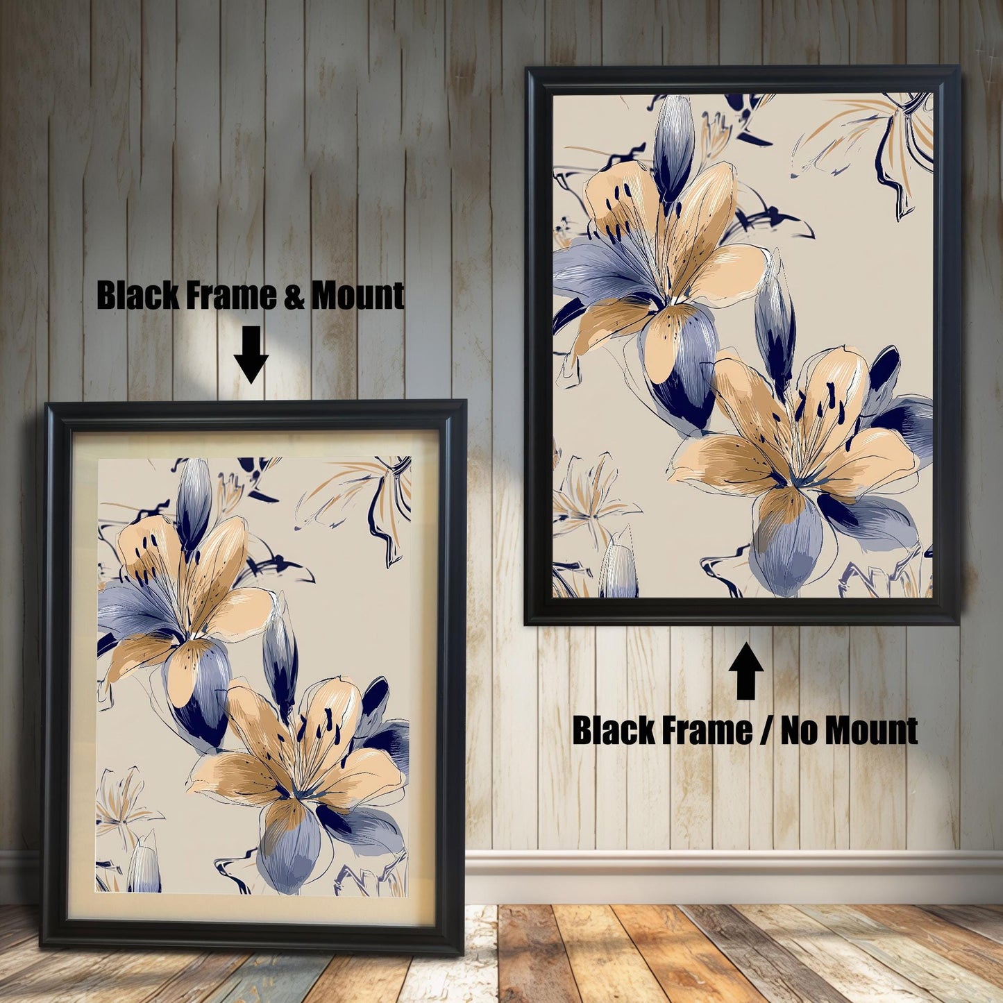 Modern framed print of Navy Blue and Peach/Gold Lilies on a beige background, shown in two black wood frames. The left frame includes a mount/mat, and the right frame shows the print without a mount/mat.