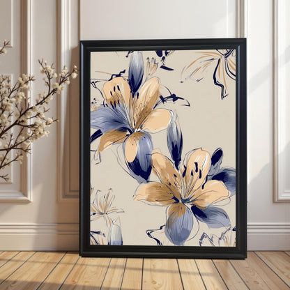 Framed print of the Navy and Beige Lily artwork in a black wood frame without a mat/mount, leaning on a wooden floor against a white wainscoted wall next to a decorative branch.