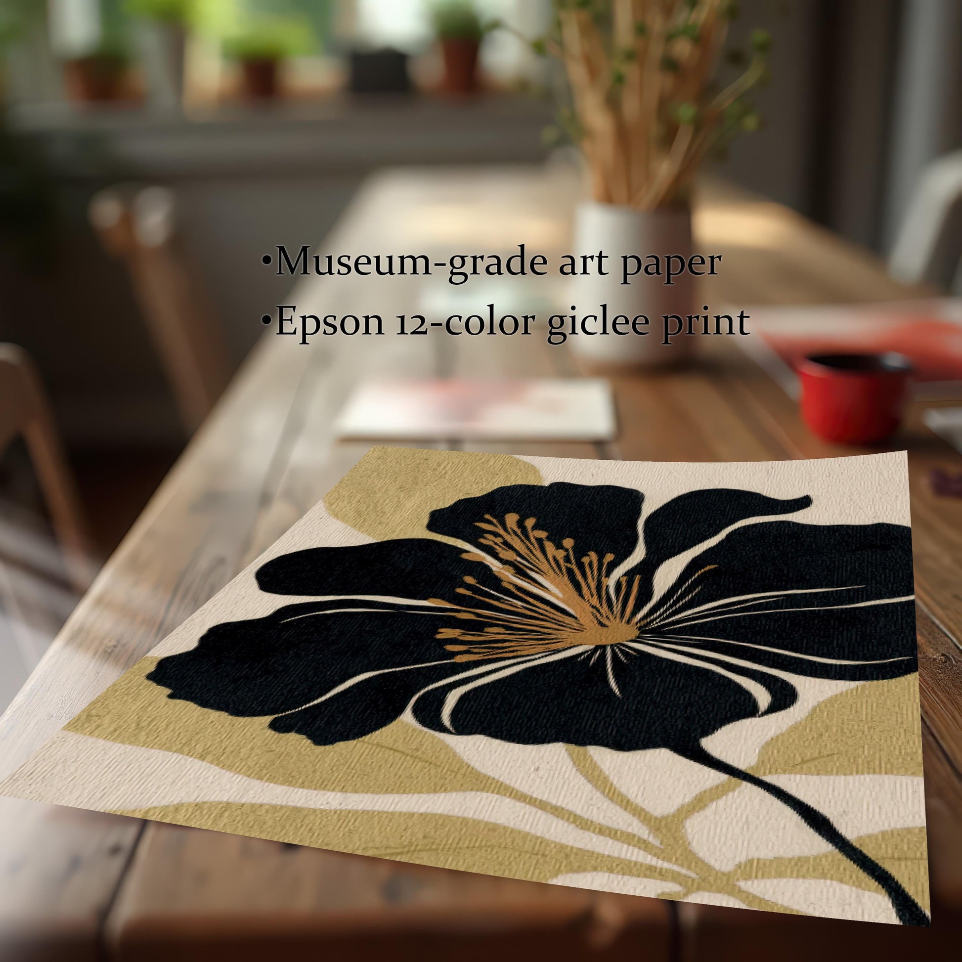 A close-up of the black and gold floral art print on a wooden table, with text highlighting the quality: Museum-grade art paper and Epson 12-color giclee print.