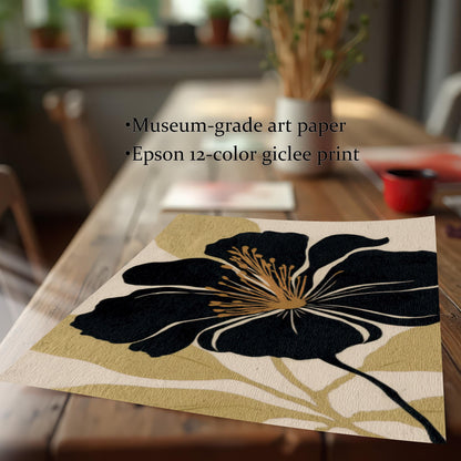 A close-up of the black and gold floral art print on a wooden table, with text highlighting the quality: Museum-grade art paper and Epson 12-color giclee print.