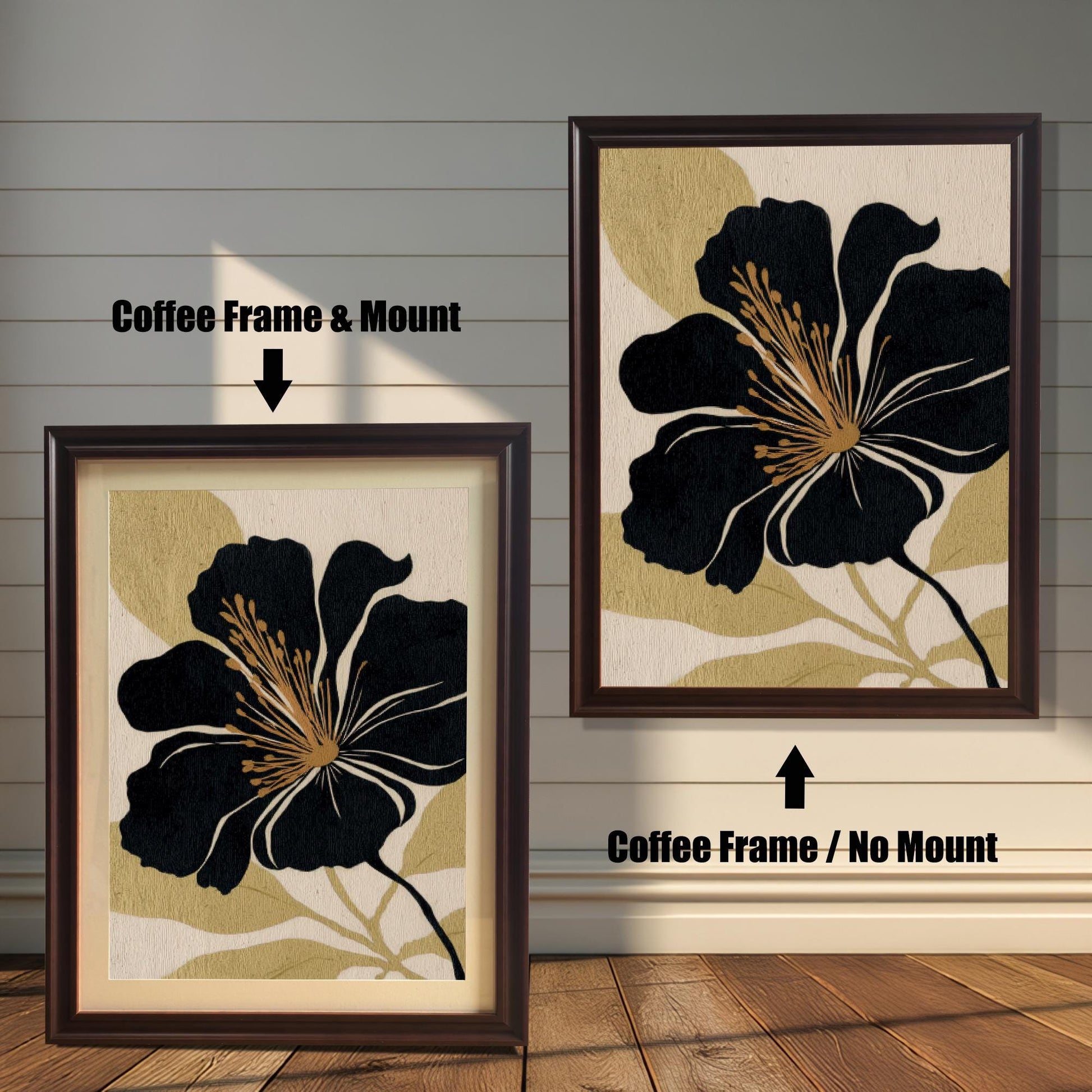 A comparison of two black and gold floral prints against a white wood-paneled wall: one in a Coffee Frame & Mount (matting), and the other in a Coffee Frame / No Mount (no matting).