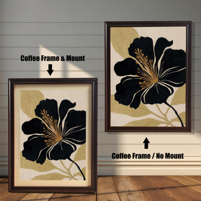 A comparison of two black and gold floral prints against a white wood-paneled wall: one in a Coffee Frame & Mount (matting), and the other in a Coffee Frame / No Mount (no matting).