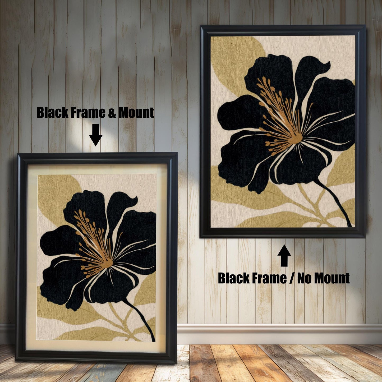A comparison of two black and gold floral prints against a white wood-paneled wall: one in a Black Frame & Mount (matting), and the other in a Black Frame / No Mount (no matting).