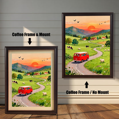 A comparison of two art prints featuring a red camper van on a winding road in a sunset countryside scene. One shows a Coffee Frame & Mount (dark brown matting), and the other shows a Coffee Frame / No Mount.