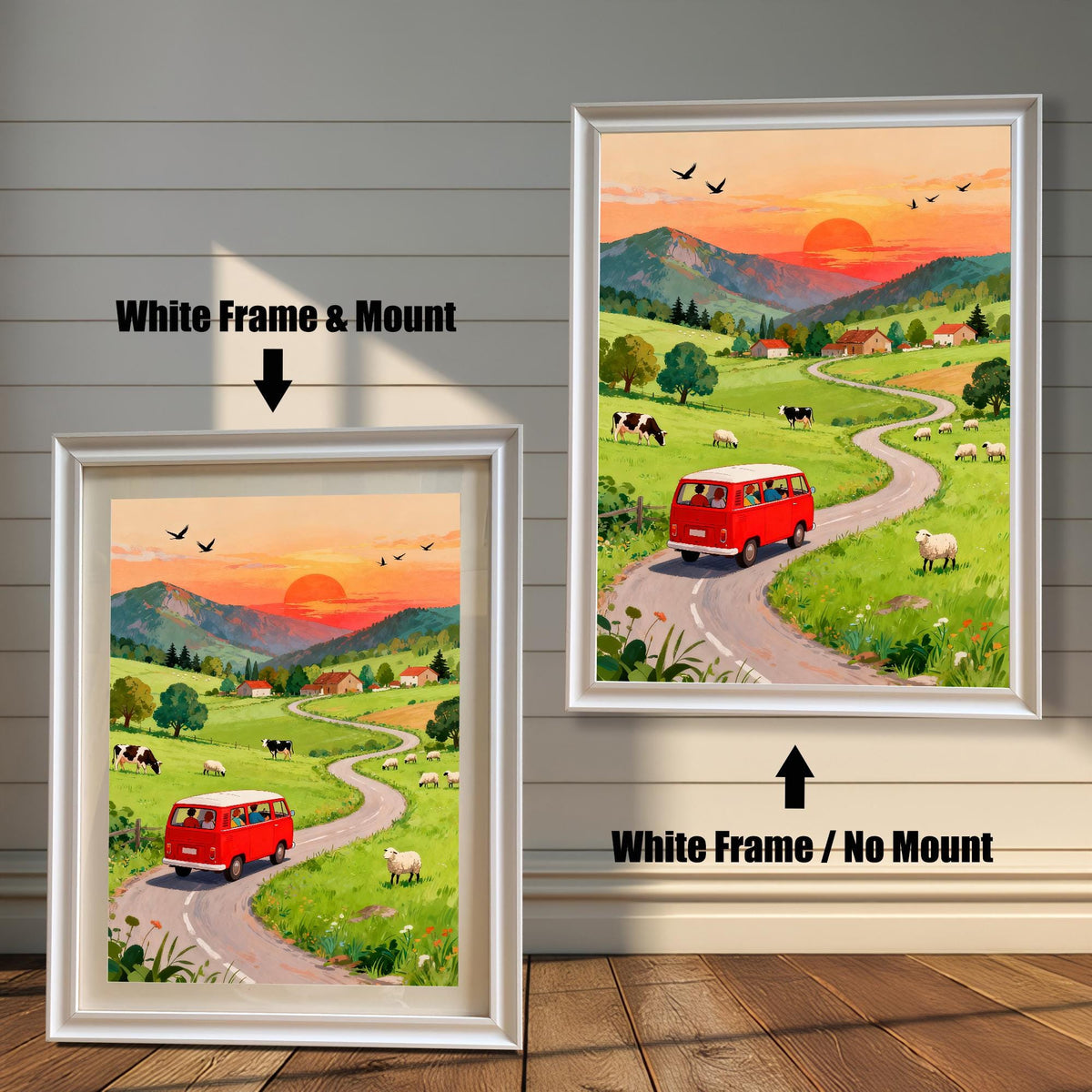 A comparison of two art prints featuring a red camper van on a winding road in a sunset countryside scene. One shows a White Frame & Mount (matting), and the other shows a White Frame / No Mount.