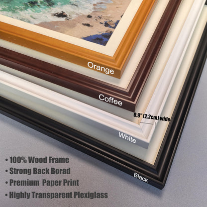 A close-up stack of frame corner samples showing the available colors: Orange, Coffee, White, and Black. Text highlights frame details: 0.9" (2.2cm) wide, 100% Wood Frame, Strong Back Board, Premium Paper Print, and Highly Transparent Plexiglass.