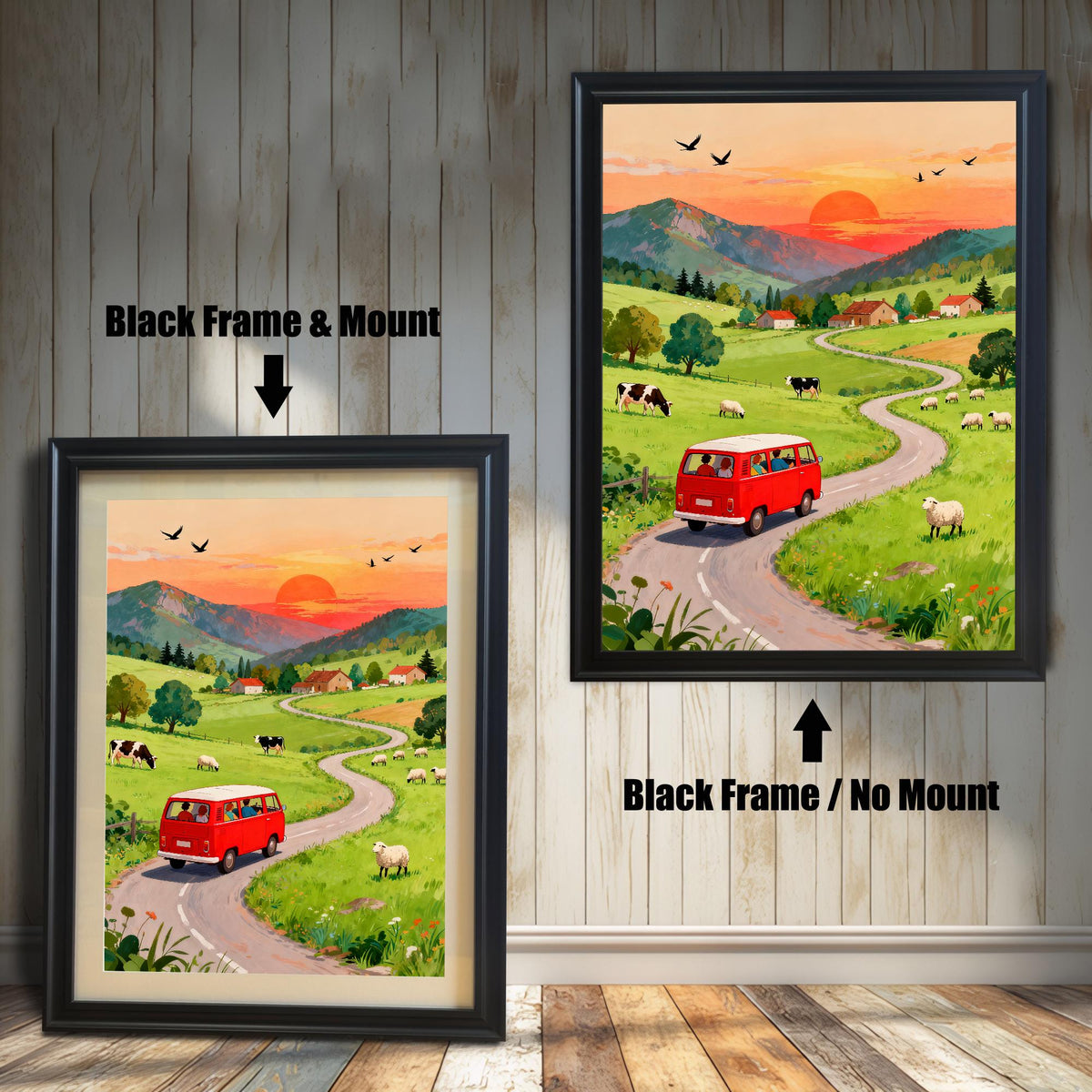 A comparison of two art prints featuring a red camper van on a winding road in a sunset countryside scene. One shows a Black Frame & Mount (matting), and the other shows a Black Frame / No Mount.