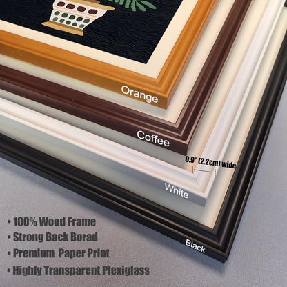 A close-up stack of frame corner samples showing the available colors: Orange, Coffee, White, and Black. Text highlights frame details: 0.9" (2.2cm) wide, 100% Wood Frame, Strong Back Board, Premium Paper Print, and Highly Transparent Plexiglass.