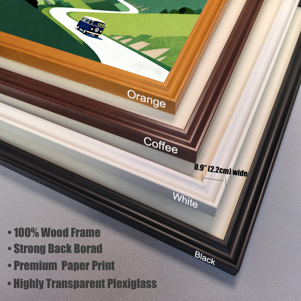 A close-up stack of frame corner samples showing the available colors: Orange, Coffee, White, and Black. Text highlights frame details: 0.9"" (2.2cm) wide, 100% Wood Frame, Strong Back Board, Premium Paper Print, and Highly Transparent Plexiglass.