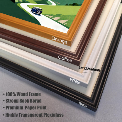 A close-up stack of frame corner samples showing the available colors: Orange, Coffee, White, and Black. Text highlights frame details: 0.9"" (2.2cm) wide, 100% Wood Frame, Strong Back Board, Premium Paper Print, and Highly Transparent Plexiglass.