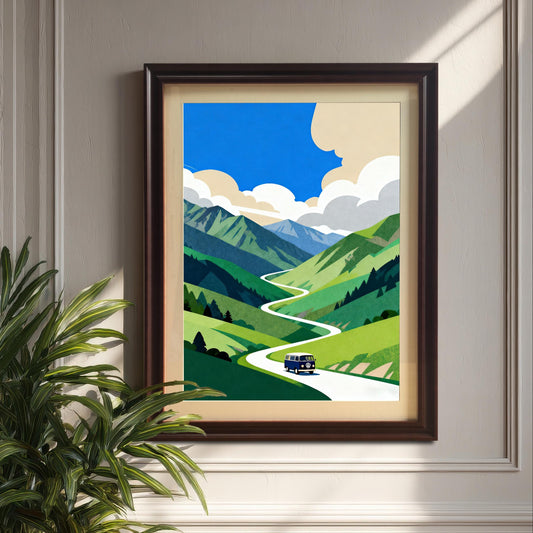 The framed print of the winding mountain road and blue van hangs on a paneled wall, framed in a dark Coffee Frame with a Mount (matting). A large houseplant is in the foreground, creating a modern, nature-inspired indoor look.