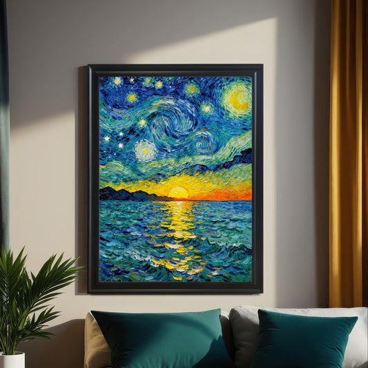 Full view of the Van Gogh style art print of a starry night over a sunset sea. The print is displayed in a black frame hanging above a bed, flanked by dark blue-green and golden curtains, with a potted plant nearby.