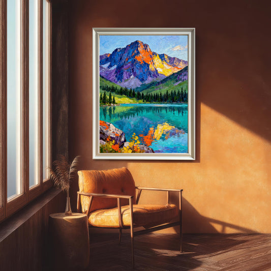Full view of the mountain and lake art print displayed in a white frame in a stylish, sunny room with an orange accent wall, a window, and a leather armchair.