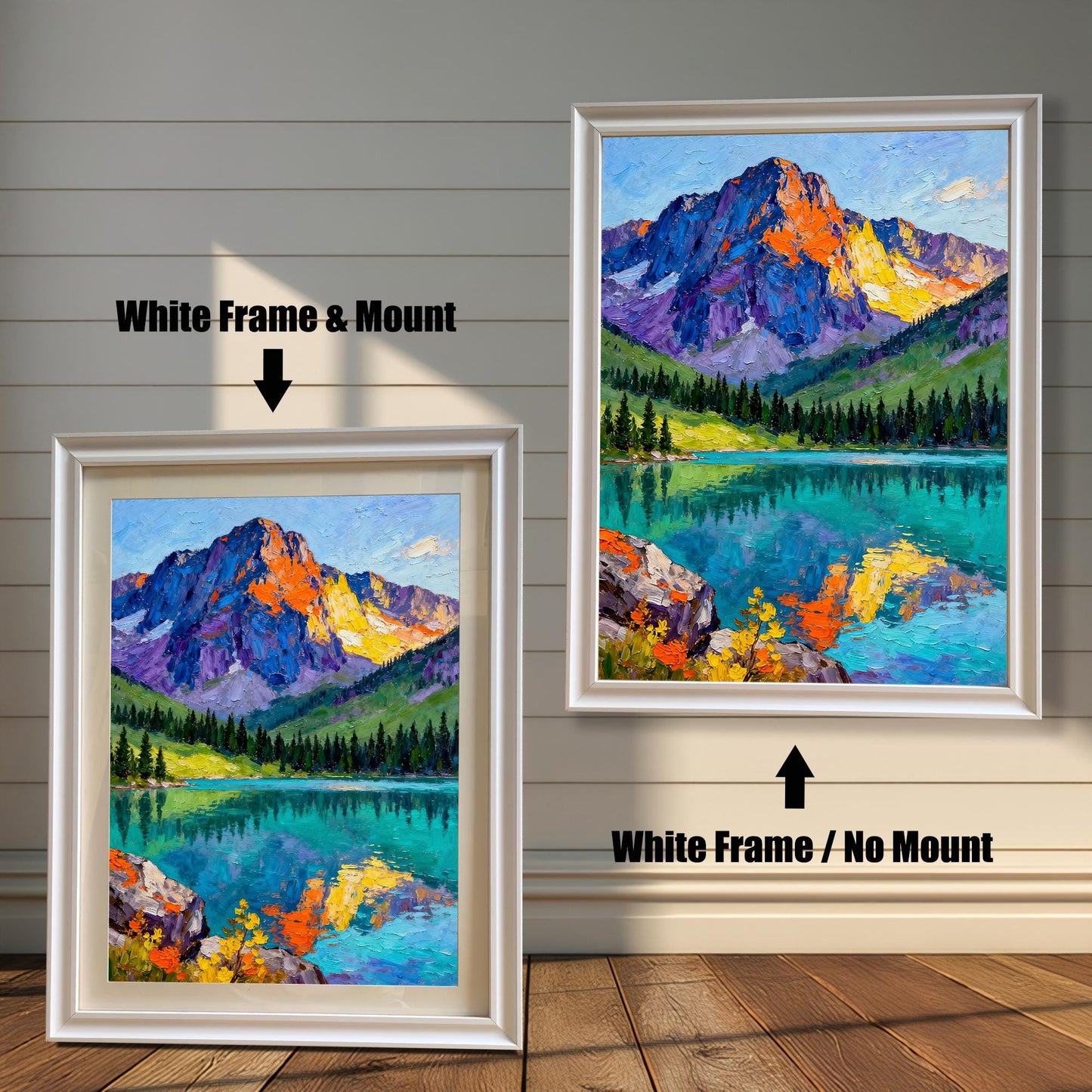 A vibrant oil painting print of a mountain reflected in a clear lake. The image compares two framing options: White Frame & Mount (with a cream border) and White Frame / No Mount.
