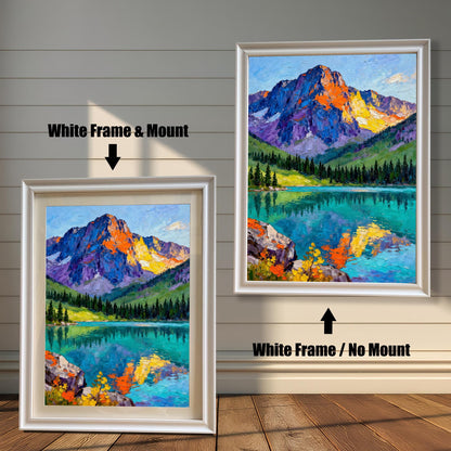 A vibrant oil painting print of a mountain reflected in a clear lake. The image compares two framing options: White Frame & Mount (with a cream border) and White Frame / No Mount.