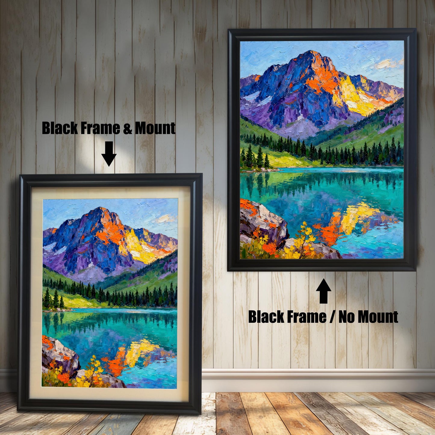 A vibrant oil painting print of a mountain reflected in a clear lake. The image compares two framing options: Black Frame & Mount (with a cream border) and Black Frame / No Mount.