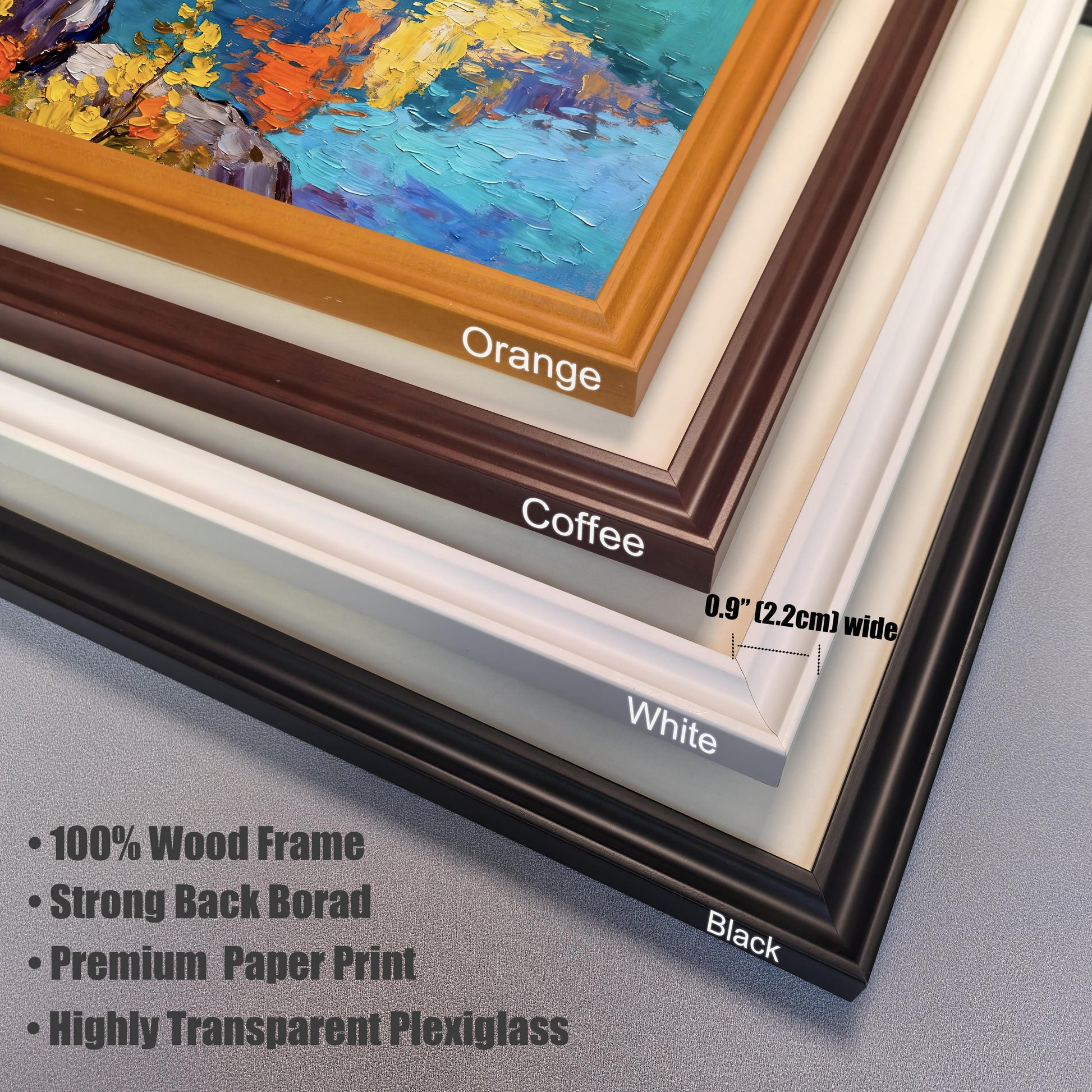 Frame detail close-up showing the four available wood frame colors: Orange, Coffee, White, and Black. Notes indicate the frame is 0.9"" (2.2cm) wide and list product features like 100% Wood Frame and Premium Paper Print.