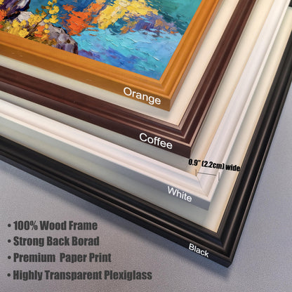 Frame detail close-up showing the four available wood frame colors: Orange, Coffee, White, and Black. Notes indicate the frame is 0.9"" (2.2cm) wide and list product features like 100% Wood Frame and Premium Paper Print.