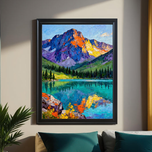 Full view of the mountain and lake art print displayed in a black frame, hanging above a bed with dark green pillows, next to a potted plant, and flanked by dark blue-green and golden curtains.