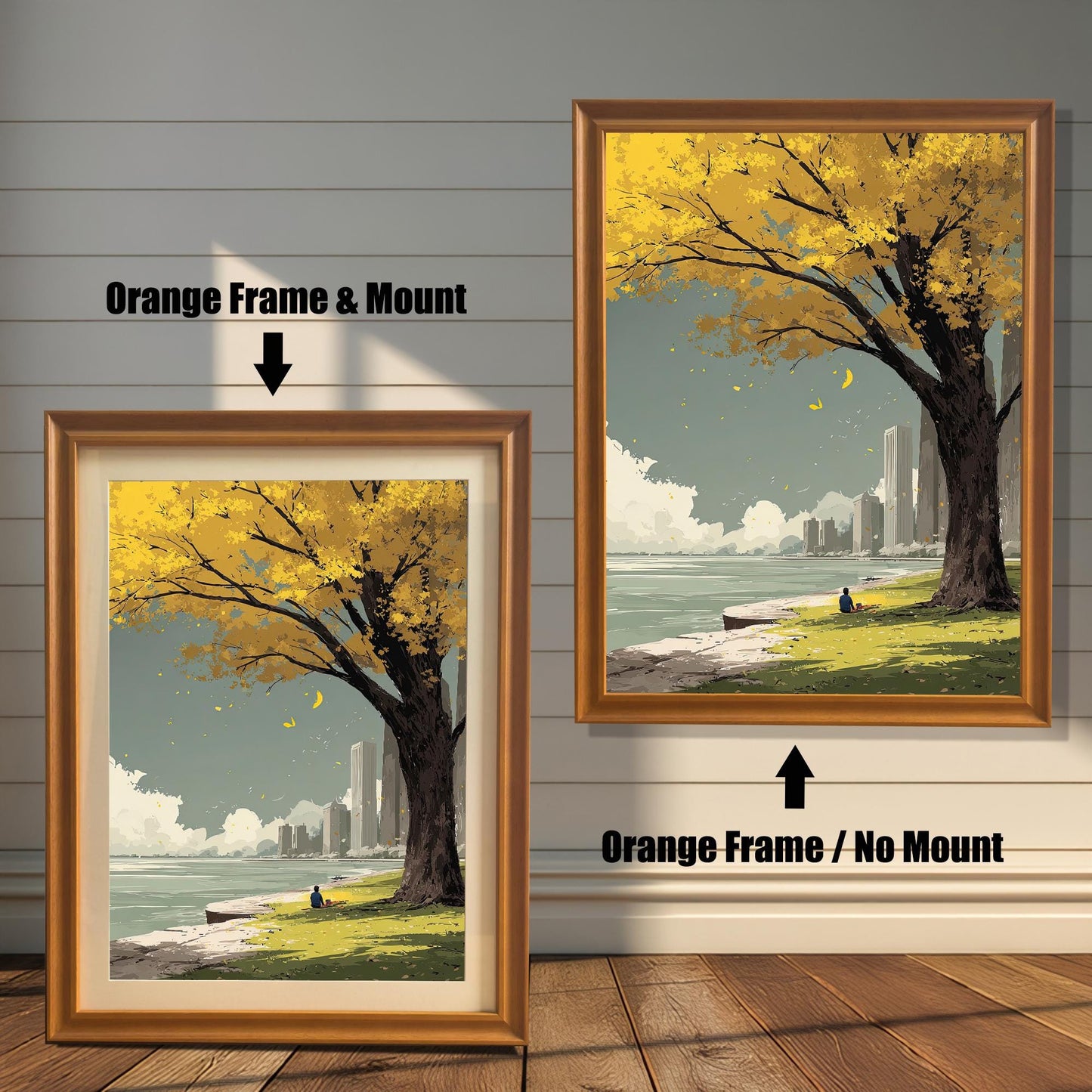 Yellow autumn tree art print comparison showing two framing options: Orange Frame & Mount (light brown/gold frame with a cream border) and Orange Frame / No Mount. The peaceful, minimalist scene features a city park.