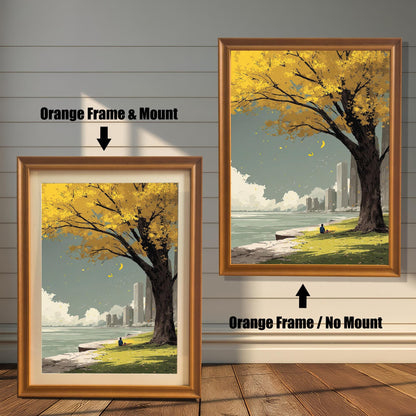 Yellow autumn tree art print comparison showing two framing options: Orange Frame & Mount (light brown/gold frame with a cream border) and Orange Frame / No Mount. The peaceful, minimalist scene features a city park.