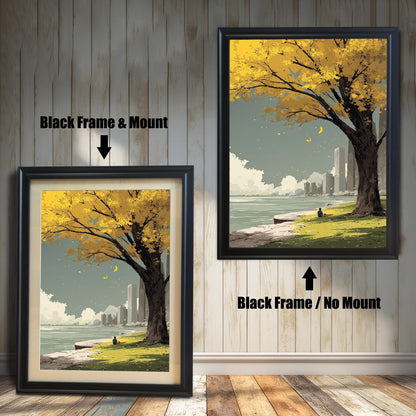 Yellow autumn tree art print comparison showing two framing options: Black Frame & Mount (with a cream border) and Black Frame / No Mount. The urban park scene features a river and city skyline.