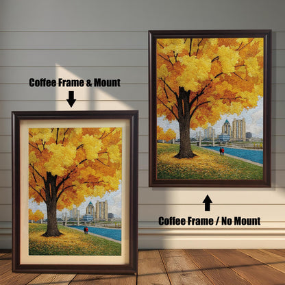 Textured yellow autumn tree art print comparison showing two framing options: Coffee Frame & Mount (dark brown frame with a cream border) and Coffee Frame / No Mount. The artwork shows a couple walking in a city park in fall.