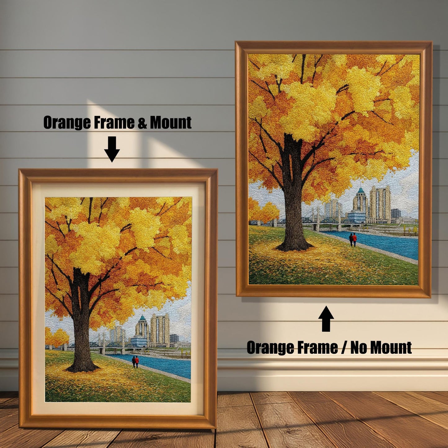 Textured yellow autumn tree art print comparison showing two framing options: Orange Frame & Mount (light brown/gold frame with a cream border) and Orange Frame / No Mount. The artwork features a city river and bridge.