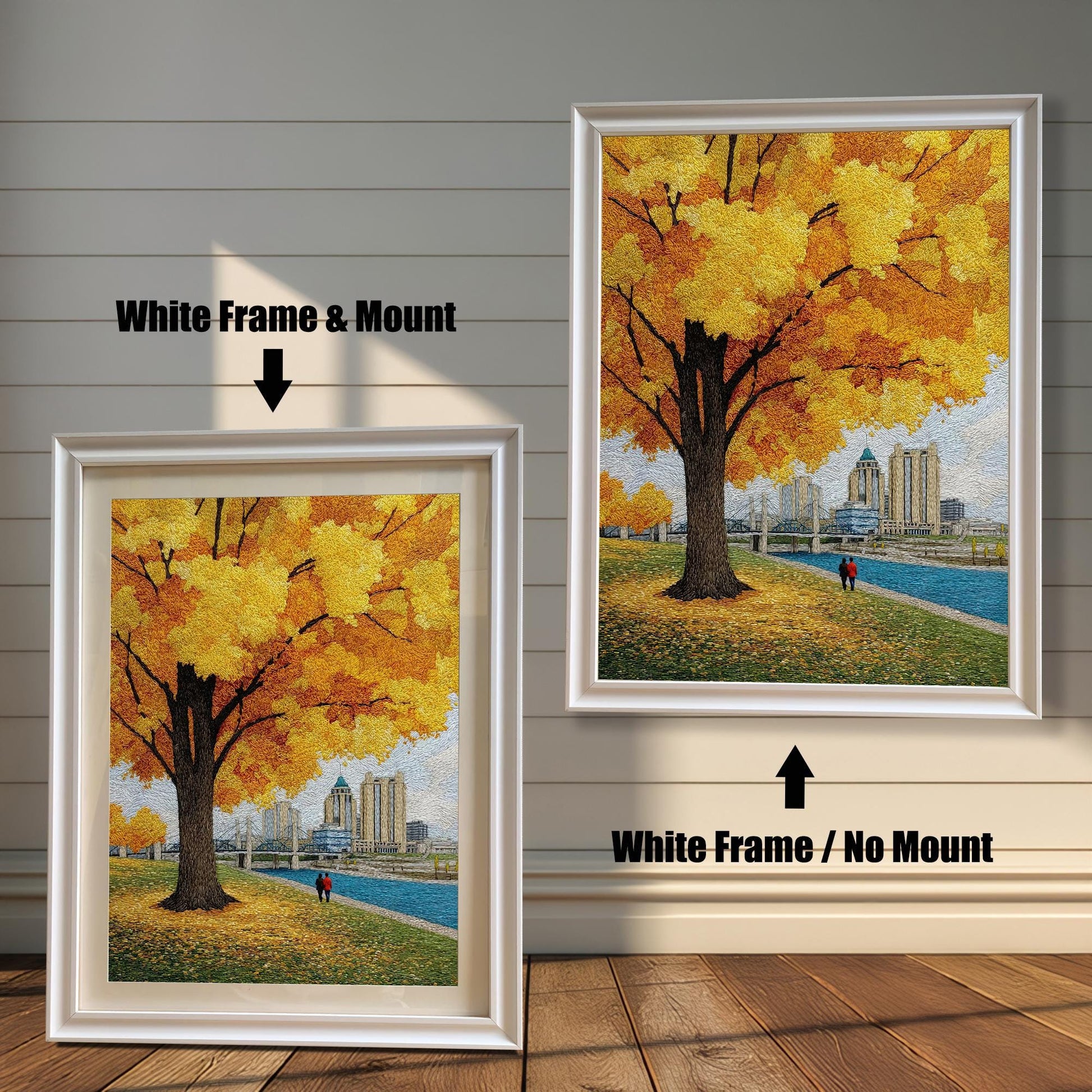 Textured yellow autumn tree art print comparison showing two framing options: White Frame & Mount (with a cream border) and White Frame / No Mount. The fall park scene includes a river and urban background.