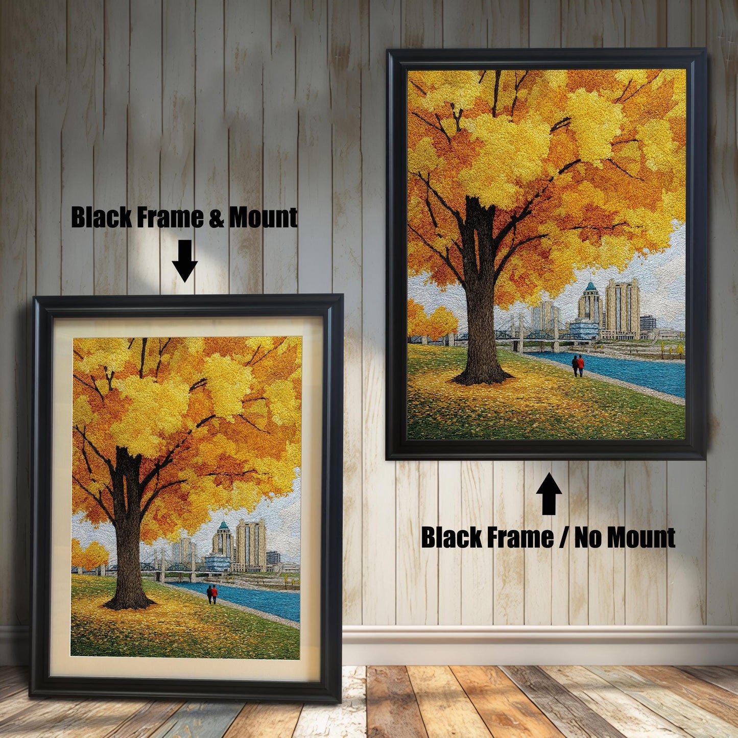 Textured yellow autumn tree art print comparison showing two framing options: Black Frame & Mount (with a cream border) and Black Frame / No Mount. The urban scene features a couple by the river and city skyline.