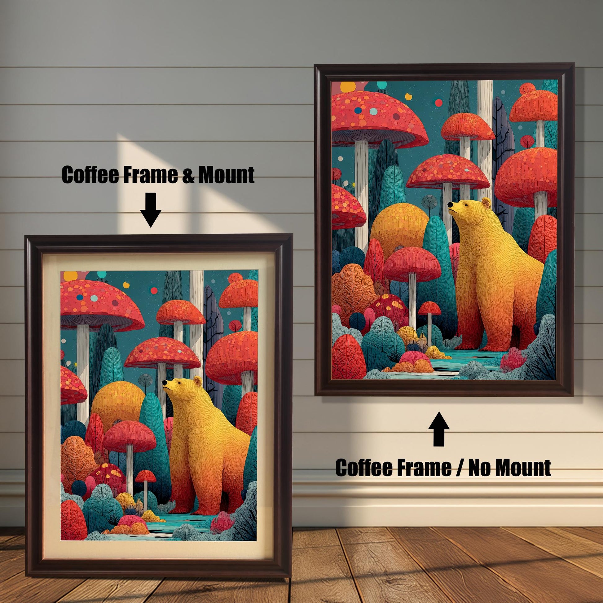 Comparison image: Art print in a Coffee frame with a white mount (mat) next to the same print in a Coffee frame without a mount.