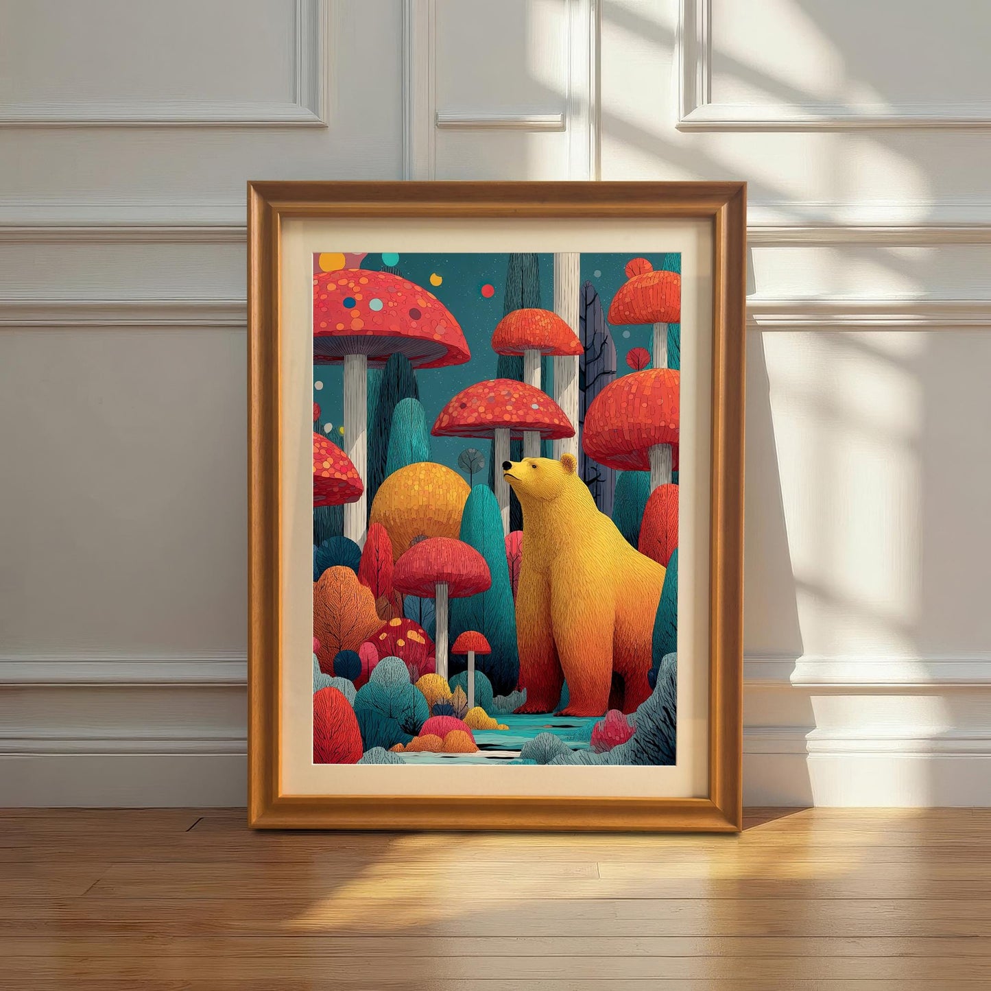 The art print displayed in a simple Orange wooden frame, leaning on a wood floor against a white paneled wall, bathed in natural sunlight.