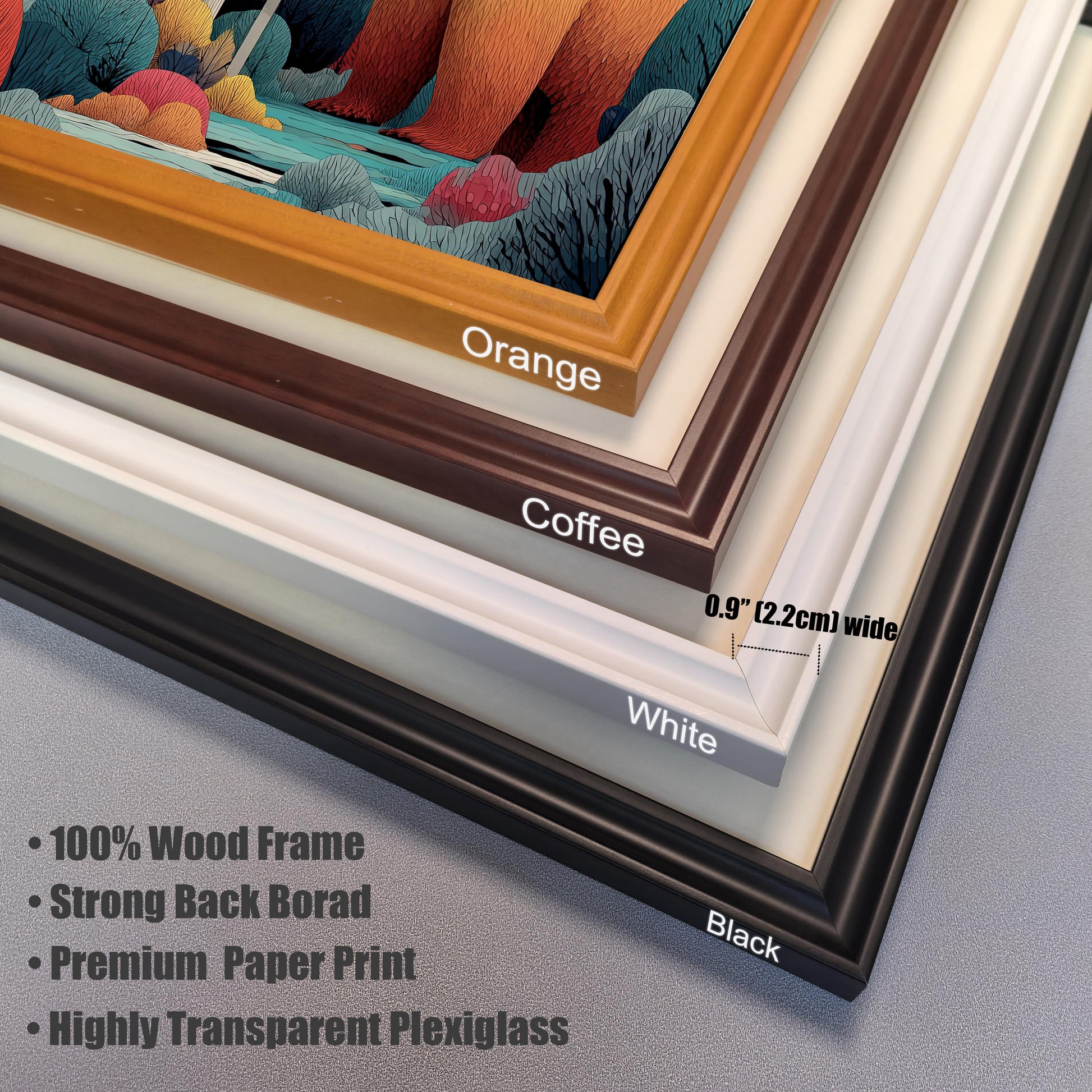 Product feature stack showing corner views of four frame colors: Orange, Coffee, White, and Black. The frame width is noted as 0.9"" (2.2cm) wide. Bullet points list product features: ""100% Wood Frame,"" ""Strong Back Board,"" ""Premium Paper Print,"" and ""Highly Transparent Plexiglass.""