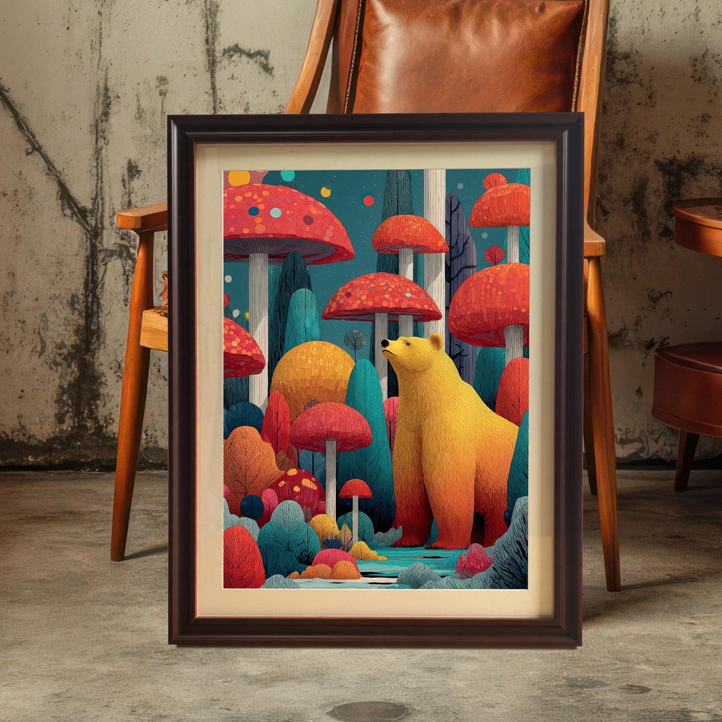 A framed art print featuring a golden bear among large, colorful red mushrooms and trees. The Coffee-colored frame is leaning on a concrete floor in front of a leather-seated wooden chair and a distressed wall.