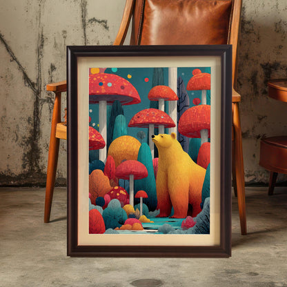 A framed art print featuring a golden bear among large, colorful red mushrooms and trees. The Coffee-colored frame is leaning on a concrete floor in front of a leather-seated wooden chair and a distressed wall.