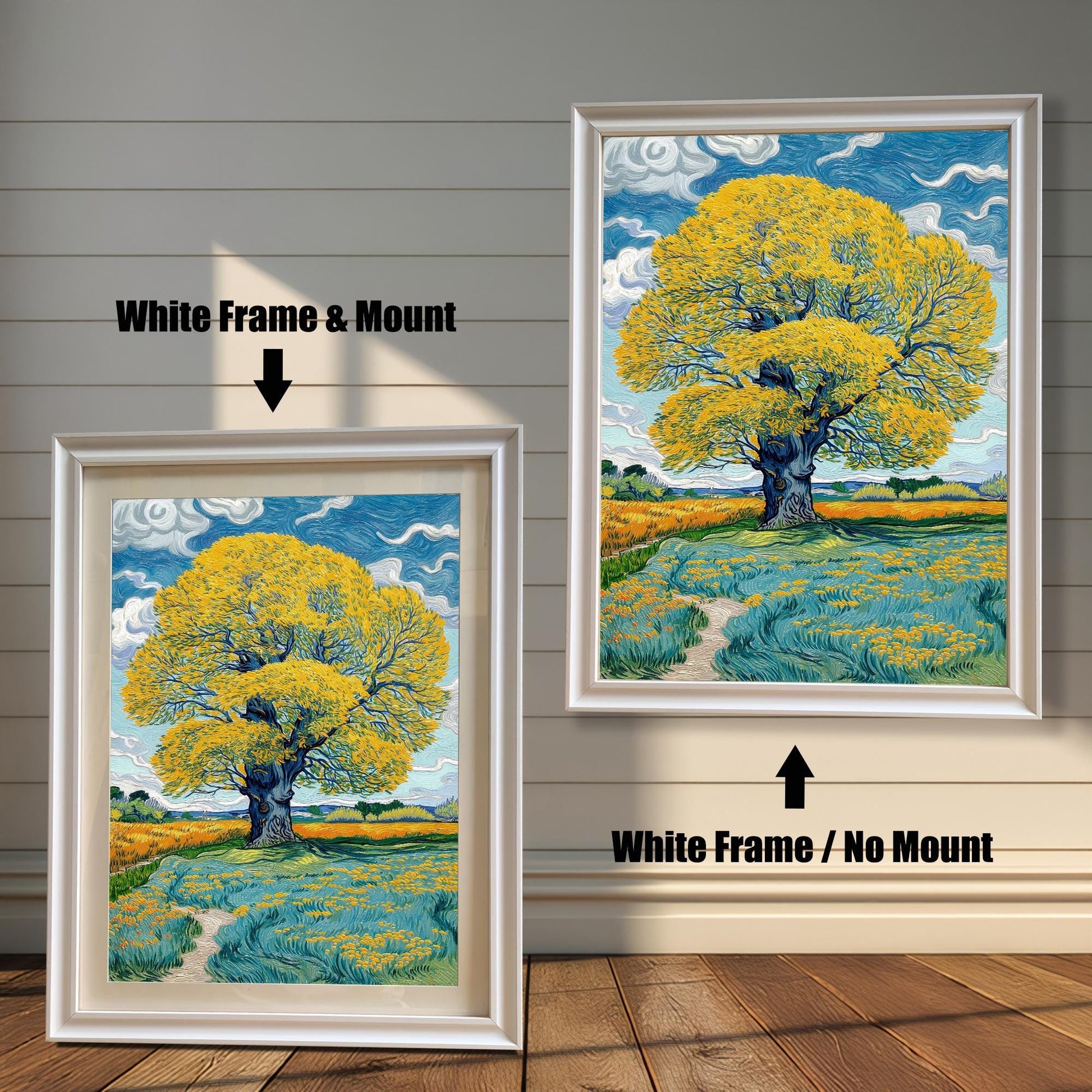 Comparison image: Art print in a White frame with a white mount (mat) next to the same print in a White frame without a mount. Shows a large yellow tree in a field.